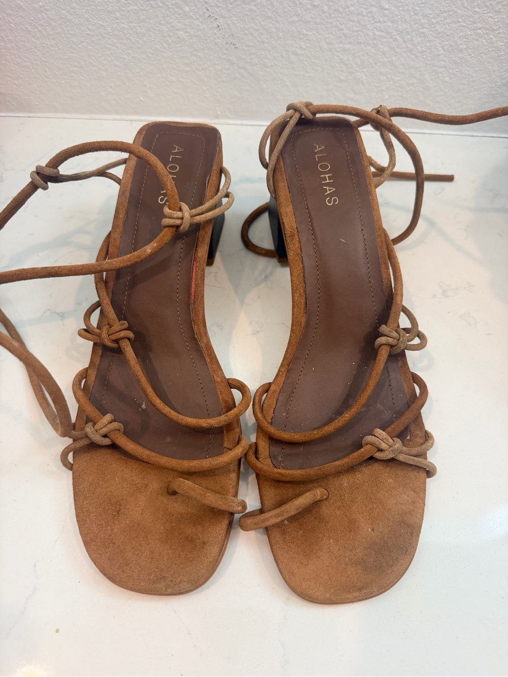 ALOHAS Brown Suede Lace-Up Heeled Sandals